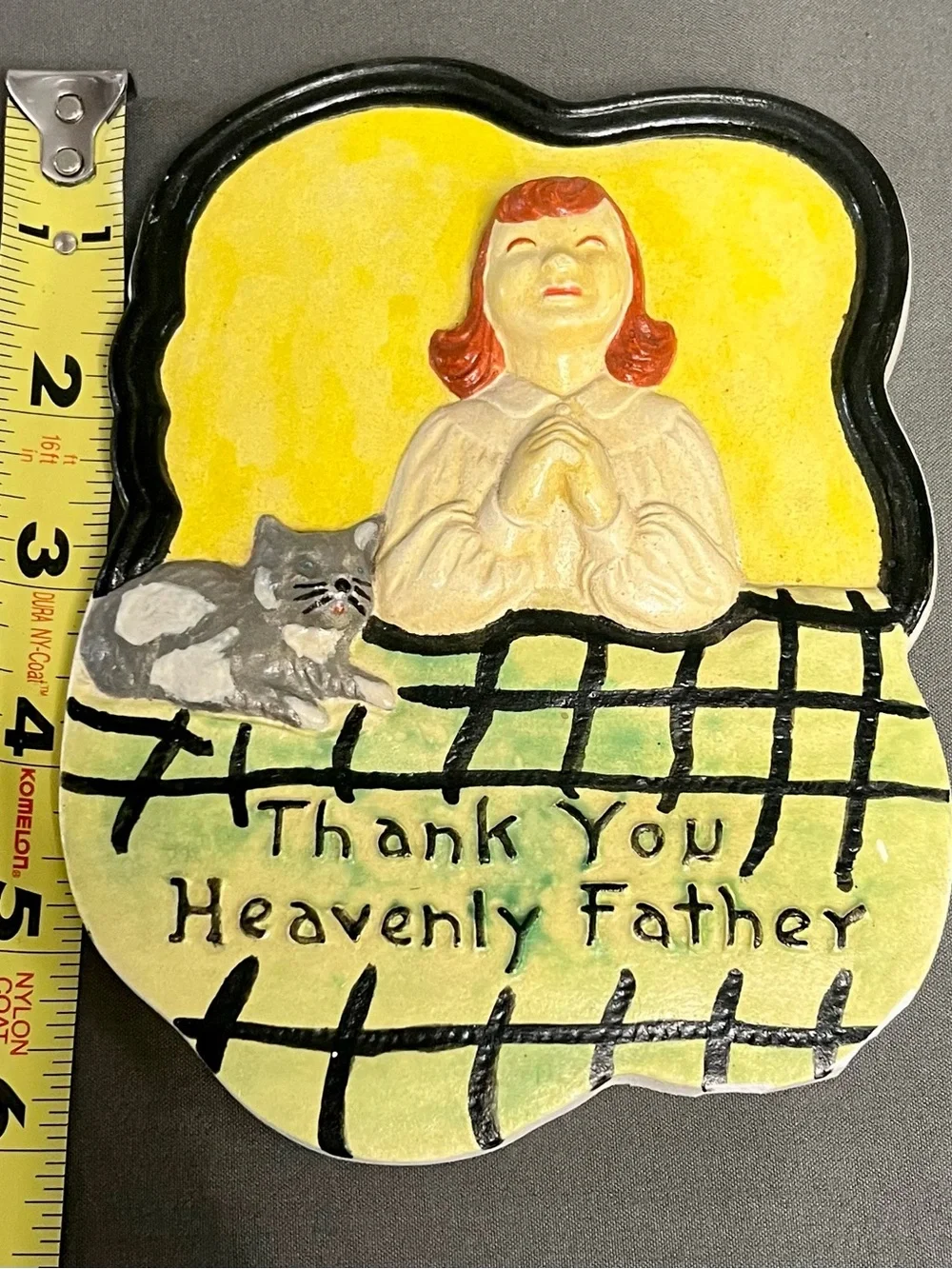 VTG Chalkware Wall Decor Red Head Let & Gray Cat “Thank You Heavenly Father”